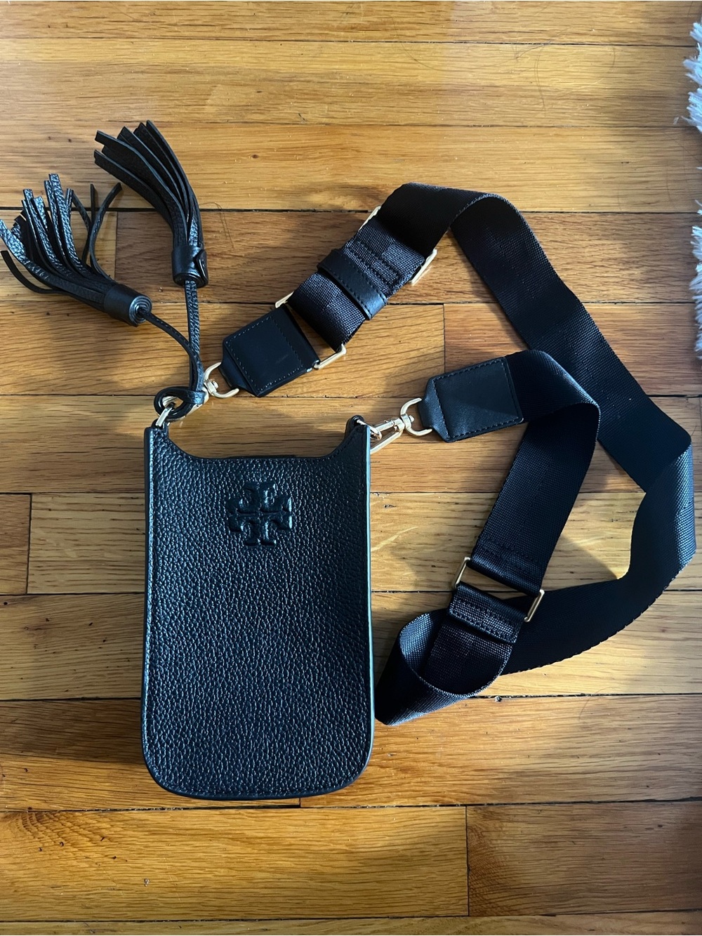 Tory Burch Black Pebbled Leather Crossbody Phone Bag with Tassel